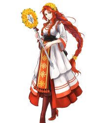 Rule 34 | 1girl, braid, closed mouth, dress, fire emblem, fire emblem: path of radiance, fire emblem heroes, flower, full body, green eyes, head wreath, high heels, highres, holding, jewelry, lips, long hair, long sleeves, looking at viewer, necklace, nintendo, official art, pelvic curtain, red footwear, red hair, single braid, smile, solo, staff, standing, titania (fire emblem), transparent background, very long hair, wada sachiko, wide sleeves