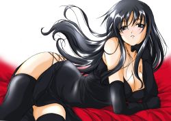 Rule 34 | 1girl, arm support, ayakaze ryuushou, bare shoulders, bed, black eyes, black gloves, black hair, black thighhighs, breasts, cleavage, dress, elbow gloves, formal, gloves, head rest, large breasts, long hair, lying, on side, side slit, solo, thighhighs, zettai ryouiki