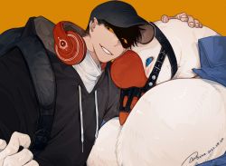Rule 34 | 2022, 2boys, backpack, bag, baseball cap, bird boy, black bag, black hair, black headwear, black hoodie, blue eyes, blue shirt, blush, collared shirt, dated, eyes in shadow, furry, furry male, furry with non-furry, hand on another&#039;s head, hat, headphones, headphones around neck, highres, hood, hoodie, interspecies, k-bone, large pectorals, looking at another, looking at viewer, male focus, multiple boys, muscular, muscular male, muzzle, original, pectoral cleavage, pectorals, shirt, short hair, slit pupils, smile, turtleneck, upper body, very short hair, white shirt, yellow background, yellow eyes