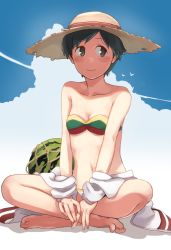 Rule 34 | 1girl, bad id, bad pixiv id, barefoot, bikini, black eyes, black hair, blue sky, breasts, cloud, cloudy sky, collarbone, day, food, fruit, hat, indian style, kantai collection, crossed legs, looking away, makio (makiomeigenbot), mogami (kancolle), navel, short hair, sitting, sky, small breasts, smile, solo, sun hat, swimsuit, watermelon