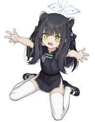 Rule 34 | 1girl, 8886961, absurdres, animal ears, black dress, black footwear, black hair, blue archive, blue halo, child, china dress, chinese clothes, commentary, dress, green eyes, halo, highres, looking at viewer, mary janes, open mouth, reaching, reaching towards viewer, shoes, short sleeves, shun (blue archive), shun (small) (blue archive), side slit, simple background, solo, thighhighs, tiger ears, tiger girl, white background, white thighhighs