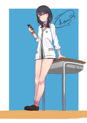 Rule 34 | 1girl, bare legs, black hair, black skirt, blue background, blue eyes, bow, bowtie, breasts, brown footwear, cardigan, cellphone, collared shirt, commentary request, full body, gridman universe, highres, holding, holding phone, kaname (melaninusa09), long hair, long sleeves, looking at viewer, medium breasts, miniskirt, orange scrunchie, phone, pleated skirt, red bow, red bowtie, red socks, school uniform, scrunchie, shirt, skirt, smartphone, socks, solo, ssss.gridman, straight hair, table, takarada rikka, uniform, white cardigan, white shirt, wrist scrunchie