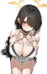 Rule 34 | 1girl, black hair, blue archive, blush, breasts, cleavage, cross, cross earrings, earrings, hair over one eye, halo, hands on own chest, heavy breathing, highres, hinata (blue archive), hinata (swimsuit) (blue archive), jewelry, large breasts, long hair, one-piece swimsuit, red eyes, semu (zgom1251129), sweat, swimsuit, white one-piece swimsuit, yellow halo