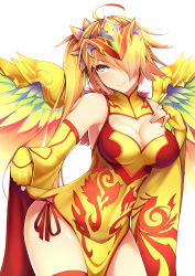 Rule 34 | 1girl, absurdres, aqua eyes, breasts, chinese clothes, cleavage, cleavage cutout, clothing cutout, dean (momodean), detached sleeves, dress, fingerless gloves, gloves, hair over one eye, heart, highres, leilan (p&amp;d), leiran (p&amp;d), orange hair, panties, puzzle &amp; dragons, short dress, side-tie panties, side ponytail, smile, solo, underwear, wings, yellow gloves