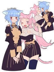 Rule 34 | 2girls, animal ear fluff, animal ears, artist name, belt, belt buckle, blue hair, blunt bangs, blush, breasts, brown eyes, buckle, cat ears, cat girl, cat tail, commentary request, do m kaeru, fang, female focus, fire emblem, fire emblem: three houses, garreg mach monastery uniform, hair bun, hilda valentine goneril, large breasts, long hair, long sleeves, looking at another, looking at viewer, marianne von edmund, matching hair/eyes, medium breasts, multiple girls, multiple views, nintendo, one eye closed, open mouth, pink eyes, pink hair, simple background, single hair bun, tail, thighhighs, tongue, twintails, twitter username, watermark, white background, wink, yuri