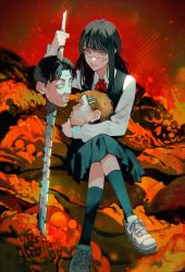 Rule 34 | 1girl, absurdres, black dress, black hair, black socks, blonde hair, bulging veins, chainsaw man, collared shirt, cross scar, crossed legs, dress, facial scar, full body, hair ornament, hairclip, highres, holding, holding another&#039;s head, holding sword, holding weapon, kneehighs, kyuuba melo, long sleeves, looking at viewer, neckerchief, no pupils, pinafore dress, red neckerchief, ringed eyes, scar, scar on cheek, scar on face, school swimsuit, severed head, shirt, short hair, sidelocks, signature, sitting, sleeveless, sleeveless dress, smell, socks, solo, spine, swimsuit, sword, tanaka (chainsaw man), teeth, veins, weapon, white footwear, white shirt, yellow eyes, yoru (chainsaw man)