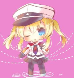 Rule 34 | 10s, 1girl, black gloves, black pantyhose, black skirt, blonde hair, celtic knot, chibi, full body, gloves, graf zeppelin (kancolle), hair between eyes, hat, kantai collection, kou hiyoyo, military, military uniform, miniskirt, necktie, one eye closed, open mouth, pantyhose, peaked cap, pink background, pleated skirt, sidelocks, simple background, skirt, solo, standing, twintails, uniform