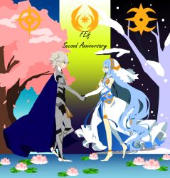 Rule 34 | 1boy, 1girl, absurdly long hair, anklet, anniversary, armor, azura (fire emblem), barefoot, blue hair, cape, cherry blossoms, copyright name, corrin (fire emblem), corrin (male) (fire emblem), corrin (male) (fire emblem), dress, english text, eye contact, fire emblem, fire emblem fates, hetero, hio141, holding, holding hands, jewelry, lily pad, long hair, looking at another, nintendo, no lineart, outdoors, petals, red eyes, smile, snow, stirrup legwear, toeless legwear, tree, very long hair, yellow eyes