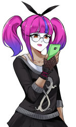 Rule 34 | 1girl, bow, ehebai, facepaint, fortnite, glasses, gloves, gradient hair, hair bow, hair ornament, highres, lace (fortnite), lipstick, looking at phone, makeup, multicolored hair, phone, short twintails, skirt, solo, streaked hair, sweater, tagme, twintails