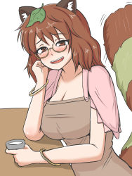 Rule 34 | 1girl, alcohol, animal ear fluff, animal ears, blush, bracelet, breasts, brown dress, brown eyes, brown hair, cleavage, collarbone, cup, dress, drunk, frilled sleeves, frills, futatsuiwa mamizou, glasses, hand on own cheek, hand on own face, highres, jewelry, large breasts, leaf, leaf on head, long hair, looking at viewer, nek3124, open mouth, pince-nez, raccoon ears, raccoon tail, short sleeves, smile, tail, tail wagging, teeth, touhou