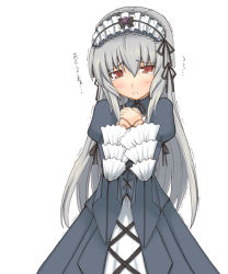 Rule 34 | 00s, 1girl, cross-laced clothes, frilled sleeves, frills, hair ribbon, hairband, jingai modoki, lolita hairband, long hair, long sleeves, looking away, looking to the side, masaki, red eyes, ribbon, rozen maiden, silver hair, solo, standing, suigintou, very long hair, white background