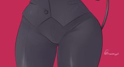 Rule 34 | 1girl, ass, ass focus, close-up, demon girl, demon tail, formal, fraankyy, helltaker, highres, lucifer (helltaker), red background, simple background, solo, suit, tail, thick thighs, thighs, wide hips