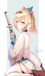 Rule 34 | 1girl, artist name, black gloves, blonde hair, blue eyes, border, closed mouth, commentary, english commentary, fingerless gloves, gloves, gradient nails, green skirt, hair ornament, haori, highres, holding, holding sword, holding weapon, hololive, japanese clothes, katana, kazama iroha, kazama iroha (1st costume), koukie, leaf hair ornament, blue background, long hair, looking at viewer, looking to the side, miniskirt, outside border, pleated skirt, ponytail, sheath, sheathed, sitting, skirt, smile, solo, sword, thighhighs, two-tone skirt, virtual youtuber, wariza, weapon, white border, white skirt, white thighhighs, wide sleeves