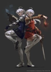 Rule 34 | 1boy, 1girl, ahoge, alisaie leveilleur, alphinaud leveilleur, arcanist (final fantasy), armor, back-to-back, belt, blue eyes, blue jacket, book, boots, brother and sister, brown jacket, copyright name, copyright notice, cropped jacket, crystal, dress, earclip, elbow gloves, elezen, elf, final fantasy, final fantasy xiv, fingerless gloves, floating, floating object, floating weapon, from side, full body, fur-trimmed jacket, fur trim, gloves, glowing, grey background, grimoire, hair ribbon, highres, holding, holding book, holding sword, holding weapon, hologram, jacket, jewelry, leg up, long hair, long sleeves, looking at another, looking at viewer, mogi yuusuke, official art, open mouth, outstretched arm, pants, pauldrons, pointy ears, ponytail, purple gloves, red dress, red mage (final fantasy), ribbon, ring, shoulder armor, siblings, signature, simple background, smile, standing, standing on one leg, sword, thigh boots, twins, weapon, white footwear, white hair, white pants