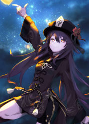 Rule 34 | 1girl, absurdres, arm up, bike shorts, black hat, black shorts, breasts, brown hair, brown jacket, commentary request, flower, flower-shaped pupils, genshin impact, grin, hat, hat flower, highres, hu tao (genshin impact), jacket, long hair, long sleeves, looking at viewer, md5 mismatch, night, night sky, outdoors, red eyes, red flower, resolution mismatch, short shorts, shorts, sky, small breasts, smile, solo, source larger, standing, standing on one leg, star (sky), starry sky, stella (stella), symbol-shaped pupils, twintails, very long hair, wide sleeves