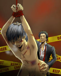 Rule 34 | 2boys, adachi tooru, anal, atlus, bad end, bdsm, blood, bondage, bound, bound wrists, bruise, caution tape, clothed on nude, clothed sex, cuts, english text, gashes, injury, keep out, male focus, male penetrated, multiple boys, narukami yuu, naughty face, non-web source, persona, persona 4, rape, sex, text focus, yaoi