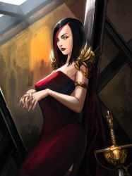 Rule 34 | 1girl, against wall, armlet, armor, black hair, bob cut, breasts, dress, fiora (league of legends), large breasts, league of legends, lips, lipstick, makeup, multicolored hair, neo-tk.., nose, orange eyes, planted sword, planted, red dress, red hair, short hair, shoulder armor, smile, solo, pauldrons, strapless, strapless dress, sword, weapon