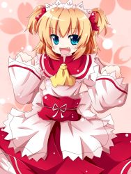 Rule 34 | 1girl, :d, ascot, bad id, bad pixiv id, blonde hair, blue eyes, fang, female focus, highres, kuromari (runia), maid headdress, open mouth, short twintails, smile, solo, sunny milk, touhou, twintails