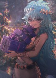 Rule 34 | 1girl, absurdres, ancient greek clothes, blue eyes, blue hair, breasts, chiton, christmas present, dress, gift, greco-roman clothes, highres, holding, holding gift, laurel crown, looking at viewer, medium breasts, mythos (vtuber), smile, snowing, solo, taku artworks, virtual youtuber, white dress, zeus (vtuber)