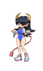 Rule 34 | bare shoulders, black hair, black one-piece swimsuit, blush, breasts, curled horns, demon girl, demon tail, hair between eyes, highres, horns, large breasts, long hair, ogebo go, one-piece swimsuit, open mouth, original, pointy ears, red eyes, shoes, smile, sneakers, solo, sport shoes, swimsuit, tail, thighhighs