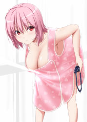 Rule 34 | 1girl, adjusting clothes, bare arms, blush, breasts, censored, censored nipples, cleavage, convenient censoring, downblouse, dressing, hanging breasts, highres, large breasts, leaning forward, light censor, light rays, naked towel, no bra, no headwear, no headwear, nori tamago, nose blush, one-piece swimsuit, pink hair, red eyes, saigyouji yuyuko, short hair, solo, sunlight, swimsuit, touhou, towel