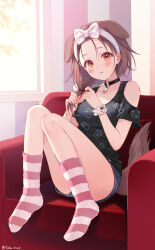 Rule 34 | 1girl, animal ears, black choker, blue shorts, blush, bow, bow hairband, breasts, brown hair, casual, choker, clothing cutout, couch, dog ears, dog girl, dog tail, extra ears, floppy ears, fukahire (ruinon), hairband, highres, holding hair tie, hololive, indoors, inugami korone, inugami korone (loungewear), looking at viewer, medium breasts, medium hair, o-ring, o-ring choker, official alternate costume, on couch, parted lips, scrunchie, short sleeves, shorts, shoulder cutout, sitting, socks, solo, striped clothes, striped socks, tail, twitter username, tying hair, virtual youtuber, white bow, white hairband, wrist scrunchie, yellow eyes