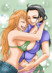 Rule 34 | 2girls, :d, ;), ^ ^, arm around neck, bare arms, bare shoulders, bikini, bikini top only, black hair, blue eyes, blue shirt, breast press, breasts, chikaburo, cleavage, closed eyes, collarbone, crop top, cropped jacket, denim, earrings, eyewear on head, female focus, from side, glasses, hair slicked back, hand on another&#039;s back, hand on another&#039;s hip, happy, high collar, hug, jeans, jewelry, large breasts, lips, long hair, lowleg, midriff, multiple girls, nami (one piece), navel, nico robin, no bra, one eye closed, one piece, open clothes, open mouth, open shirt, orange hair, pants, parted lips, partially unzipped, pink skirt, revealing clothes, sabaody archipelago, sarong, shirt, short sleeves, sideboob, skirt, smile, sunglasses, swimsuit, symmetrical docking, unzipped, upper body, wince, yuri, zipper