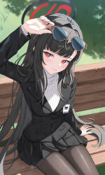 Rule 34 | 1girl, absurdres, bench, black hair, black pantyhose, black skirt, blue archive, blush, bright pupils, buttons, closed mouth, day, eyewear on head, formal, hair ornament, hairpin, halo, highres, id card, kesa pasa, long hair, on bench, outdoors, pantyhose, pleated skirt, red eyes, ribbed sweater, rio (blue archive), sitting, skirt, solo, suit, sunglasses, sweater, turtleneck, turtleneck sweater, white pupils, white sweater