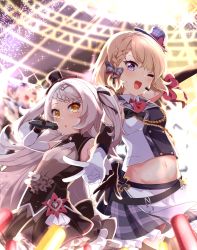 Rule 34 | 2girls, acchii (akina), armpit crease, azur lane, bare shoulders, belt, blonde hair, braid, breasts, commentary request, cross, crowd, detached sleeves, frilled skirt, frills, gloves, grey hair, hat, highres, holding, holding microphone, idol clothes, iron cross, light stick, long hair, looking at viewer, medium breasts, microphone, midriff, mini hat, multiple girls, music, navel, official alternate costume, one eye closed, open mouth, plaid, plaid skirt, purple eyes, short hair, singing, skirt, small breasts, smile, standing, stomach, sweat, swept bangs, two side up, v, white gloves, yellow eyes, z23 (azur lane), z23 (serious idol @acting manager?!) (azur lane), z46 (azur lane), z46 (star-lit chocolate) (azur lane)