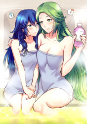 Rule 34 | 2girls, ?, ameno (a meno0), bad id, bad twitter id, blue eyes, blue hair, blue towel, blush, breasts, cleavage, closed mouth, collarbone, crossover, eye contact, female focus, fire emblem, fire emblem awakening, green eyes, green hair, hair between eyes, hand on another&#039;s shoulder, holding, kid icarus, kid icarus: uprising, large breasts, long hair, looking at another, lucina (fire emblem), matching hair/eyes, multiple girls, musical note, naked towel, nintendo, palutena, parted lips, sitting, smile, soaking feet, super smash bros., thighs, towel, very long hair