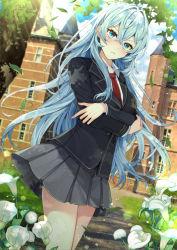 Rule 34 | 1girl, black jacket, blazer, blue eyes, blue hair, blush, breasts, building, chocho (homelessfox), closed mouth, collared shirt, commentary request, crossed arms, day, flower, grey skirt, hair between eyes, jacket, korean commentary, light frown, long hair, looking at viewer, necktie, original, outdoors, path, pleated skirt, red necktie, road, shirt, skirt, small breasts, solo, standing, tower, v-shaped eyebrows, very long hair, white flower, white shirt