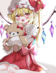 Rule 34 | 1girl, blonde hair, blush, bow, crystal, fang, flandre scarlet, hair between eyes, happy, hat, hat bow, heart, highres, holding, holding stuffed toy, long hair, looking at viewer, mob cap, open mouth, petticoat, pointy ears, puffy sleeves, red bow, red eyes, red skirt, red vest, shinonome (ichigotsuki), shirt, sitting, skin fang, skirt, solo, stuffed animal, stuffed toy, teddy bear, touhou, vest, wariza, white hat, white shirt, wings