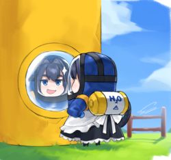 Rule 34 | 1girl, blue eyes, blue hair, building, dasdokter, fence, gloves, grass, hair intakes, helmet, hololive, hololive english, maid, ouro kronii, powerwash simulator, reflection, shirt, short hair, skirt, smile, virtual youtuber, water tank