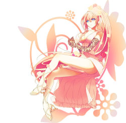 Rule 34 | 1girl, alternate hairstyle, blue eyes, breasts, cleavage, dress, elbow gloves, feet, flower, gloves, hair ornament, high heels, kondoru, large breasts, legs, long hair, long legs, megurine luka, open shoes, pink hair, sandals, shoes, sitting, solo, thighs, very long hair, vocaloid
