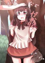 Rule 34 | 1girl, absurdres, akatsuki no guuru, animal ears, blouse, blush, brooch, brown hair, capelet, claw pose, fang, head pat, headpat, highres, imaizumi kagerou, jewelry, long hair, long sleeves, miniskirt, nose blush, open mouth, red eyes, red skirt, shirt, skirt, tail, tail wagging, thighs, touhou, wavy hair, werewolf, white shirt, wolf ears, wolf tail, aged down