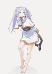 Rule 34 | 1girl, arms behind back, barefoot, blue eyes, capelet, cic tatsumi, earrings, elf, feet, frieren, grey hair, highres, jewelry, long hair, pointy ears, simple background, solo, sousou no frieren, twintails, white background, white capelet