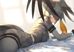 Rule 34 | 1girl, :|, belt, bird tail, blonde hair, bodystocking, closed mouth, commentary request, green eyes, grey hair, grey shirt, grey theme, guchico, hair between eyes, head wings, kemono friends, looking at viewer, lying, multicolored hair, necktie, on stomach, shirt, shoebill (kemono friends), short sleeves, side ponytail, solo, tail, v-shaped eyebrows, white belt, white necktie, wings
