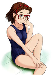 1girl adjusting_eyewear blue_one-piece_swimsuit breasts brown_eyes brown_hair feet_out_of_frame glasses hairband highres kasuga_chiharu medium_breasts neopure old_school_swimsuit one-piece_swimsuit red-framed_eyewear red_hairband school_swimsuit short_hair solo swimsuit true_love_story