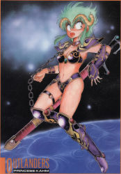 Rule 34 | 1980s (style), 1girl, absurdres, armlet, armor, armored boots, bikini armor, boots, chain, character name, copyright name, fangs, full body, green eyes, green hair, highres, horns, kahm, manabe jouji, official art, oldschool, open mouth, outlanders, pauldrons, retro artstyle, scan, sheath, sheathed, shoulder armor, solo, space, sword, thigh strap, weapon