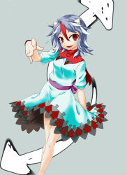 Rule 34 | 1girl, :d, arrow (symbol), dress, fang, highres, horns, kijin seija, killing, looking at viewer, multicolored hair, open mouth, red eyes, short hair, short sleeves, smile, touhou