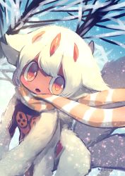 Rule 34 | 1girl, :o, animal ears, artist name, bad id, bad pixiv id, commentary request, day, extra arms, faputa, fur, hair flaps, looking at viewer, made in abyss, manino (mofuritaionaka), monster girl, multiple tails, orange eyes, outdoors, scarf, short hair, signature, snow, snowing, solo, tail, white hair