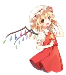 Rule 34 | 1girl, ascot, bad id, bad pixiv id, blonde hair, blood, blood on face, blood on hands, crystal, fang, flandre scarlet, hat, hat ribbon, heart, heart-shaped pupils, mob cap, open mouth, pointy ears, puffy sleeves, red eyes, ribbon, shirt, shnva, short sleeves, side ponytail, simple background, skirt, skirt set, smile, solo, symbol-shaped pupils, touhou, vest, white background, wings