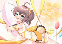 Rule 34 | 1girl, :d, absurdres, ahoge, aqua eyes, ass, balloon, bed sheet, blush, breasts, brown hair, commentary, dated, dolphin shorts, ebi frion (natsuiro matsuri), english commentary, eyelashes, feet up, full body, hair ornament, hair scrunchie, happy birthday, heart, heart ahoge, highres, hololive, hugging object, looking at viewer, lying, mixed-language commentary, natsuiro matsuri, natsuiro matsuri (matsuri&#039;s day off), no shoes, on bed, on stomach, open mouth, orange ribbon, orange shorts, pillow, pillow hug, pink pillow, ribbon, scrunchie, shadow, shorts, side ponytail, small breasts, smile, socks, solo, topless, twitter username, virtual youtuber, yellow ribbon, yellow socks, yoshie eneko