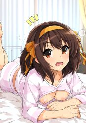 Rule 34 | 1girl, ass, breasts, breasts out, brown eyes, brown hair, female focus, haruhisky, highres, lying, medium breasts, nipples, on stomach, open mouth, short hair, solo, suzumiya haruhi, suzumiya haruhi no yuuutsu, the pose