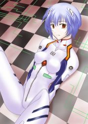 Rule 34 | 1girl, arms behind back, ayanami rei, bad id, bad pixiv id, blue hair, bodysuit, breasts, checkered floor, cowboy shot, dutch angle, expressionless, from above, hair ornament, leg up, looking at viewer, lying, neon genesis evangelion, on back, on floor, pale skin, pilot suit, plugsuit, red eyes, short hair, skinny, small breasts, solo, turtleneck, yuuki-nyan