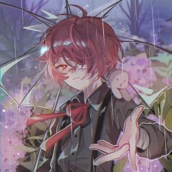 Rule 34 | 1boy, black shirt, commentary, creature, flower, fukase, hair over one eye, holding, holding umbrella, hydrangea, light smile, looking at viewer, neck ribbon, nu nu s2, o3o, on shoulder, one eye covered, outstretched arm, pink flower, point (vocaloid), rain, reaching, reaching towards viewer, red eyes, red hair, red ribbon, ribbon, shirt, transparent, transparent umbrella, umbrella, upper body, vocaloid