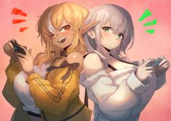 Rule 34 | 2girls, absurdres, back-to-back, bare shoulders, blonde hair, blush, breasts, cleavage, controller, dark-skinned female, dark elf, dark skin, elf, game controller, green eyes, grey hair, highres, hololive, large breasts, looking at viewer, multicolored hair, multiple girls, off-shoulder sweater, off shoulder, ohako (ohako1818), one eye closed, orange eyes, playing games, pointy ears, ribbed sweater, shiranui flare, shirogane noel, shirogane noel (casual), shirt tucked in, simple background, smile, streaked hair, sweater, tan, tented shirt, upper body, virtual youtuber