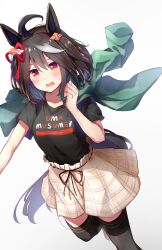 Rule 34 | 1girl, ahoge, alternate costume, animal ears, black hair, black shirt, black thighhighs, blush, breasts, casual, collarbone, commentary request, double-parted bangs, feet out of frame, green jacket, hair between eyes, hair ornament, hair ribbon, hand up, highres, holding, holding clothes, holding jacket, horse ears, horse girl, horse tail, jacket, kitasan black (umamusume), large breasts, leg up, multicolored hair, open mouth, plaid, plaid skirt, print shirt, red eyes, red ribbon, ribbon, shirt, short hair, short sleeves, simple background, skirt, solo, tail, thighhighs, two-tone hair, two side up, umamusume, unworn jacket, white background, white hair, white skirt, yamada auto