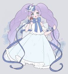 Rule 34 | 1girl, :d, ahoge, bell, blue bow, blue dress, blue nails, blue ribbon, blush, bow, bowtie, commentary, detached sleeves, dress, frilled dress, frilled sleeves, frills, green eyes, grey background, hair bow, hands up, holding, holding bell, long hair, long ribbon, looking at viewer, manaka laala, nanceee 305, open mouth, pretty series, pripara, purple hair, ribbon, simple background, sleeveless, sleeveless dress, smile, solo, star (symbol), symbol-only commentary, twintails, two-tone dress, very long hair, white bow, white dress, wrist ribbon