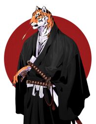 Rule 34 | 1boy, animal ears, animal hands, black kimono, claws, closed mouth, commentary, furry, furry male, highres, japanese clothes, katana, kimono, llishifu, long sleeves, male focus, mouth hold, original, red background, solo, stalk in mouth, standing, sword, symbol-only commentary, tiger boy, tiger ears, upper body, weapon, wide sleeves